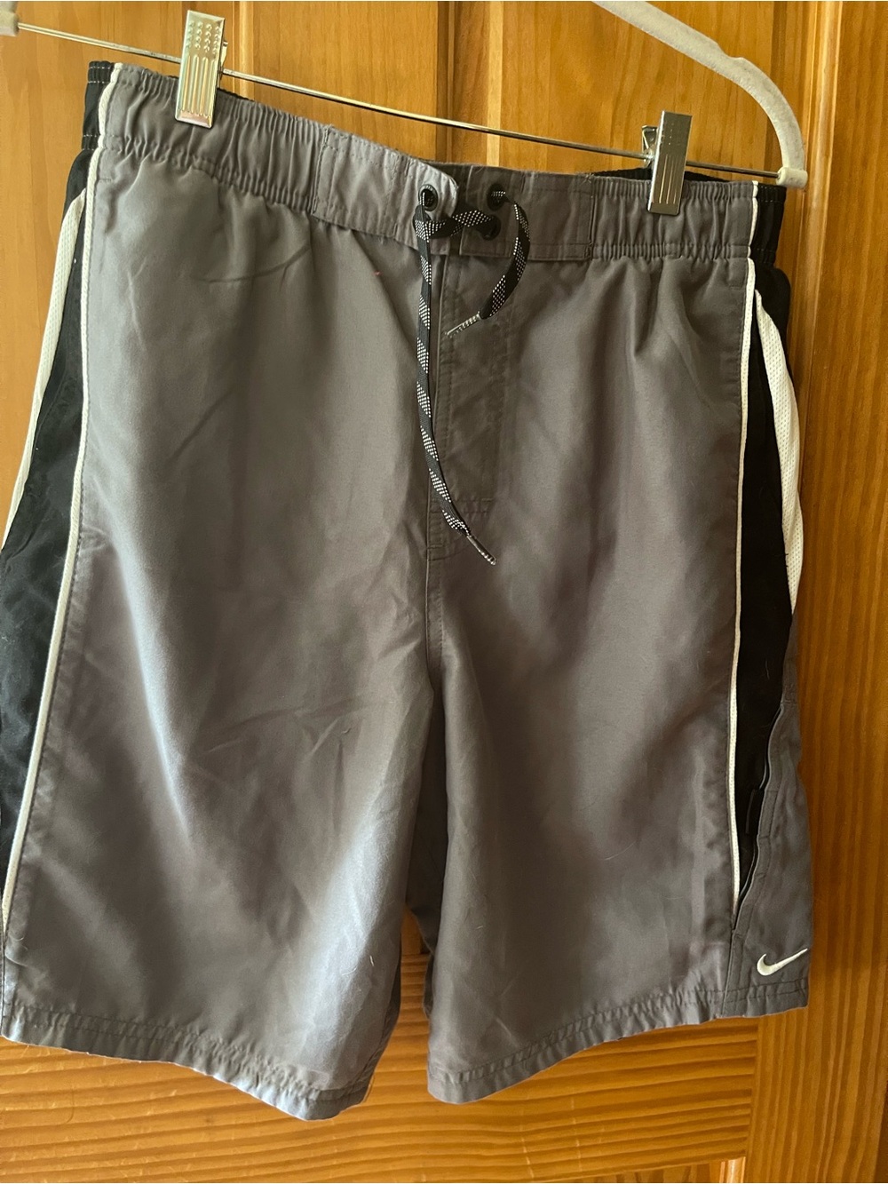 Nike Gray Swim Shorts with Black Panels and White Trim